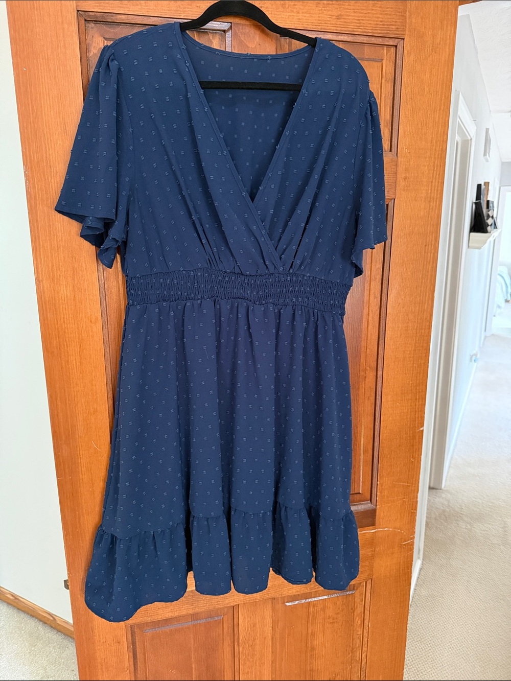 Navy Short Sleeve V-Neck Smocked Waist Dress